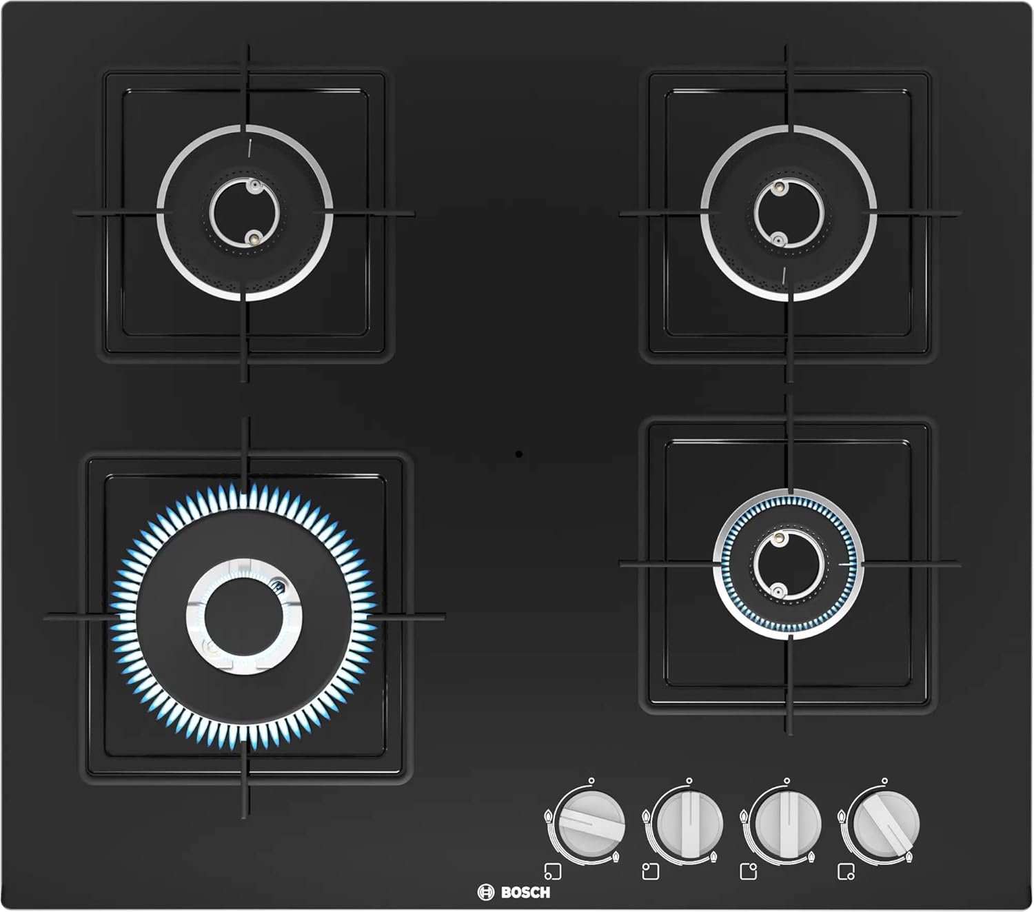 Bosch Built in Gas Hob Black Tempered glass Glass 4 Burner Auto Ignition 60 cm Italian Double Ring Burners (PNH6B6B12I)
